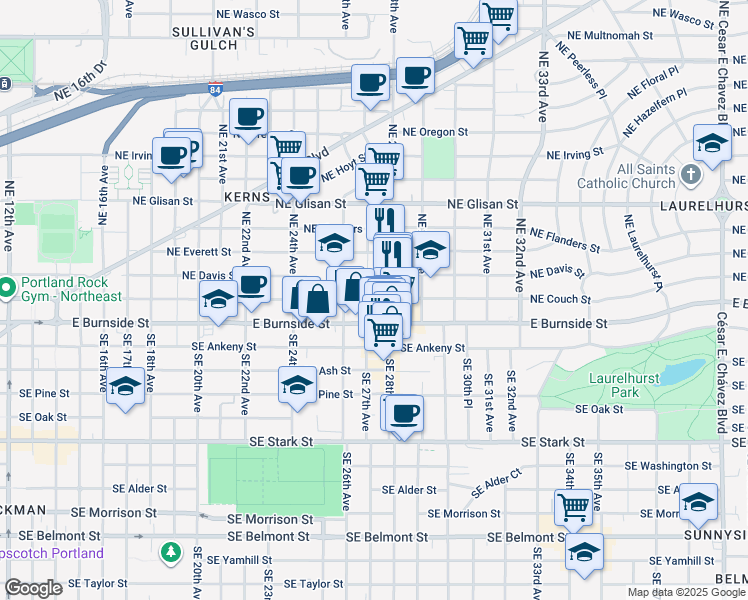 map of restaurants, bars, coffee shops, grocery stores, and more near 2706 Northeast Couch Street in Portland