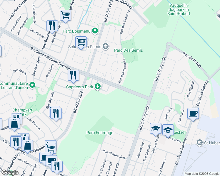 map of restaurants, bars, coffee shops, grocery stores, and more near 481 Rue du Capricorne in Longueuil