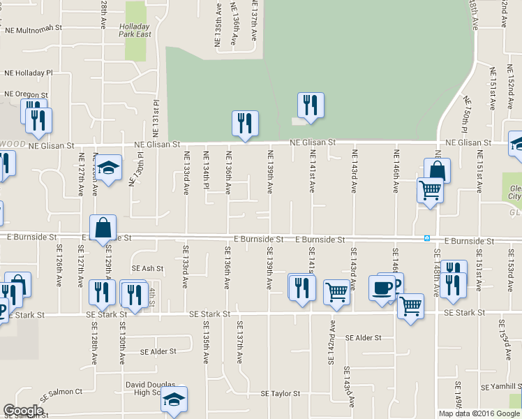 map of restaurants, bars, coffee shops, grocery stores, and more near 123 Northeast 139th Avenue in Portland