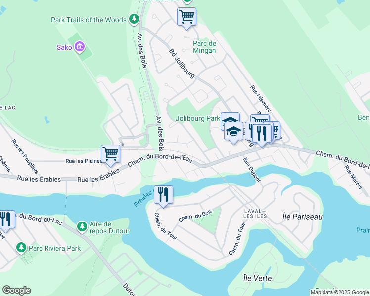 map of restaurants, bars, coffee shops, grocery stores, and more near 1367 Terrasse de Fontenelle in Laval
