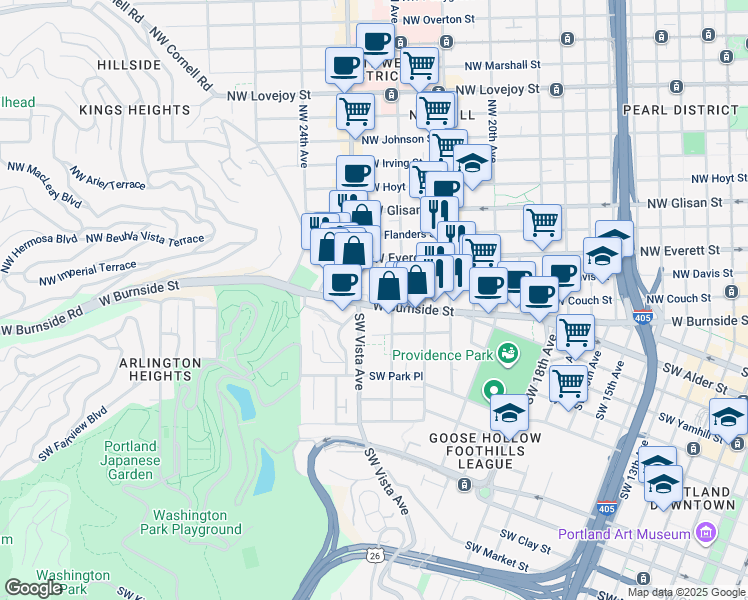 map of restaurants, bars, coffee shops, grocery stores, and more near 2255 West Burnside Street in Portland