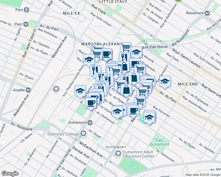 map of restaurants, bars, coffee shops, grocery stores, and more near 794 Avenue Querbes in Montréal