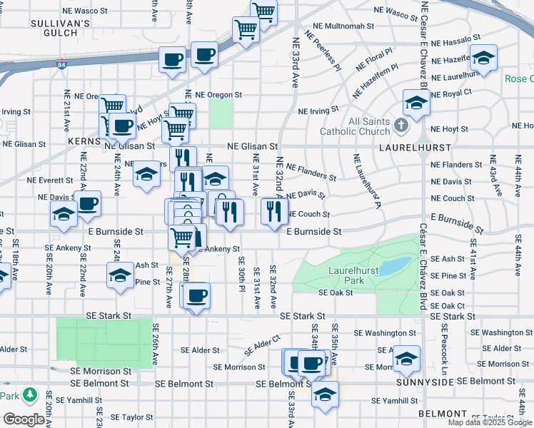 map of restaurants, bars, coffee shops, grocery stores, and more near 3126 Northeast Couch Street in Portland