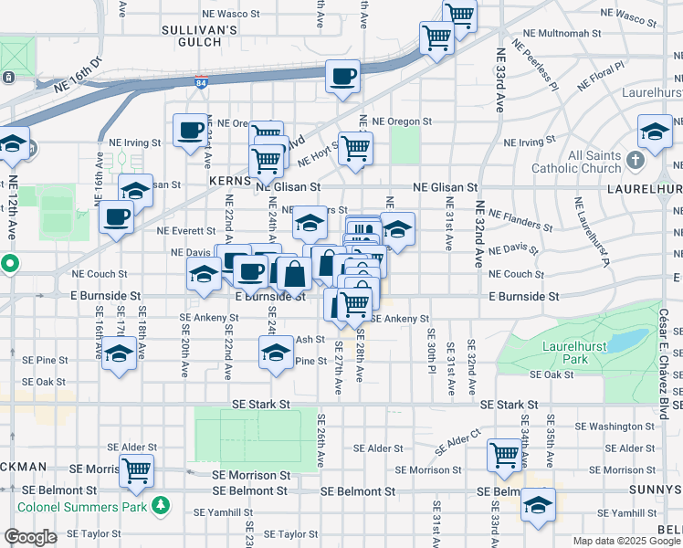 map of restaurants, bars, coffee shops, grocery stores, and more near 2653 Northeast Couch Street in Portland