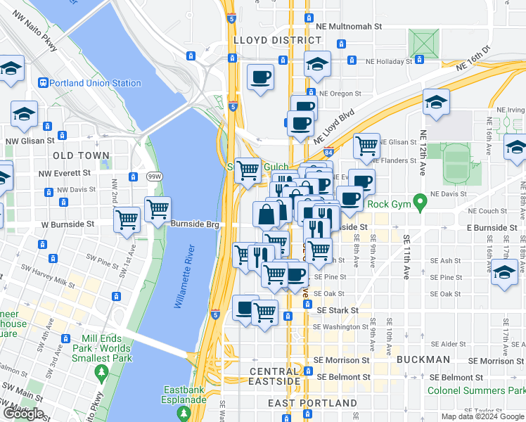 map of restaurants, bars, coffee shops, grocery stores, and more near 201 Northeast 2nd Avenue in Portland