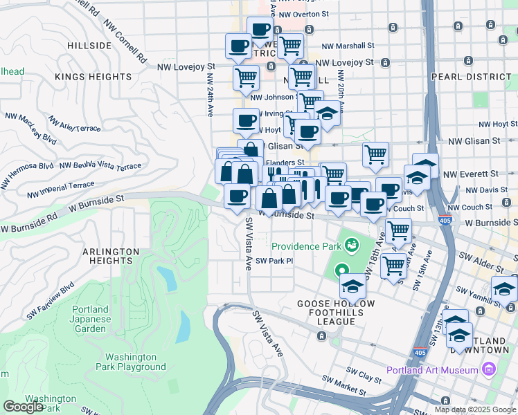 map of restaurants, bars, coffee shops, grocery stores, and more near 2225 West Burnside Street in Portland
