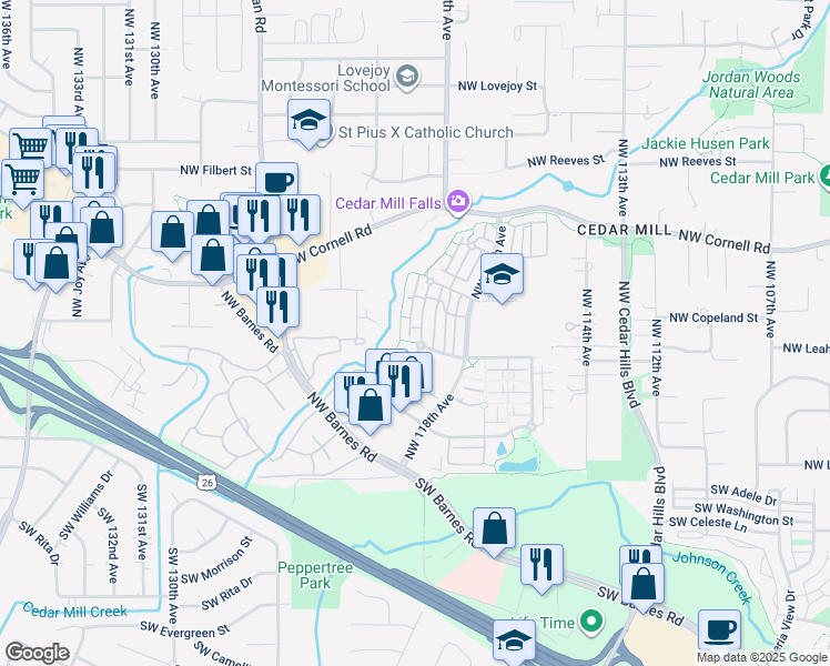 map of restaurants, bars, coffee shops, grocery stores, and more near 580 Northwest Lost Springs Terrace in Portland