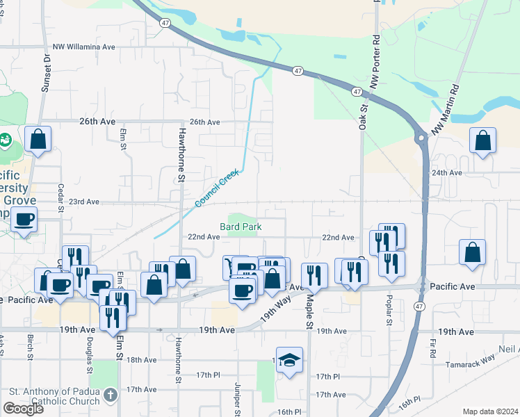 map of restaurants, bars, coffee shops, grocery stores, and more near 2917 Kingwood Street in Forest Grove