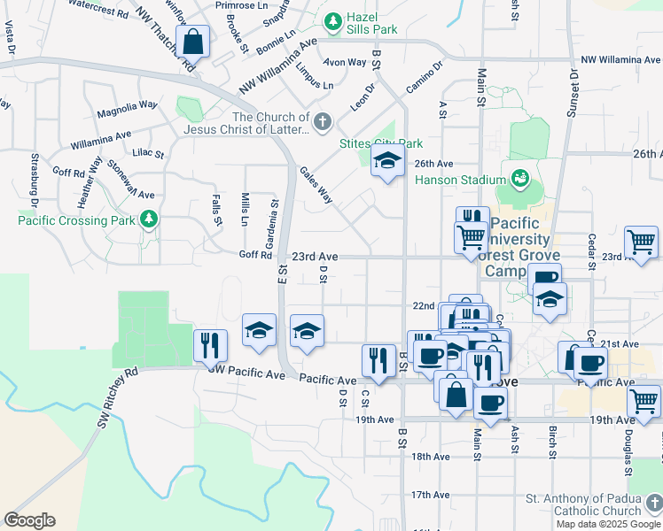 map of restaurants, bars, coffee shops, grocery stores, and more near 1637 22nd Place in Forest Grove