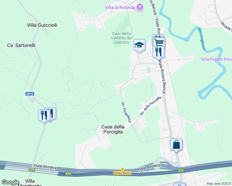 map of restaurants, bars, coffee shops, grocery stores, and more near 125 Strada Pergoletta in Vicenza