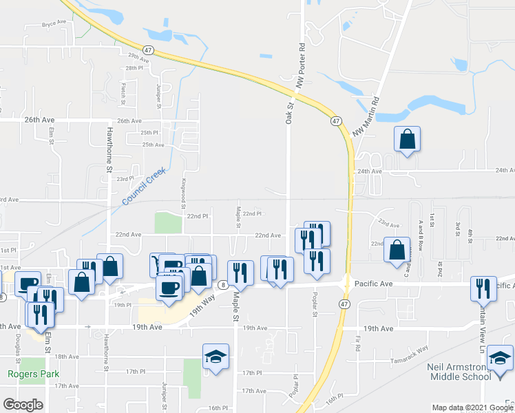 map of restaurants, bars, coffee shops, grocery stores, and more near 3231 22nd Place in Forest Grove