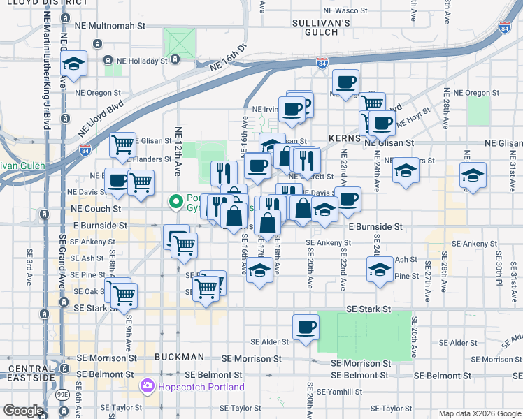 map of restaurants, bars, coffee shops, grocery stores, and more near NE Couch St & NE 17th Ave in Portland