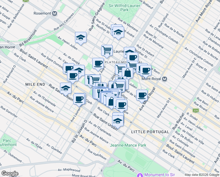 map of restaurants, bars, coffee shops, grocery stores, and more near 4888 Rue De Bullion in Montréal