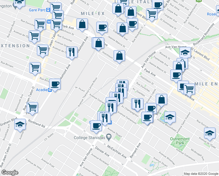 map of restaurants, bars, coffee shops, grocery stores, and more near 1195 Avenue Ducharme in Montréal