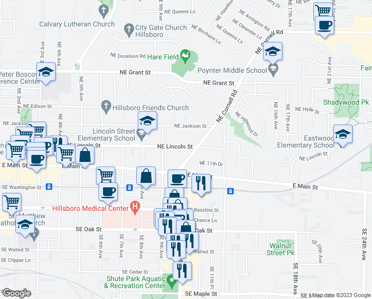map of restaurants, bars, coffee shops, grocery stores, and more near 1002 Northeast Lincoln Street in Hillsboro