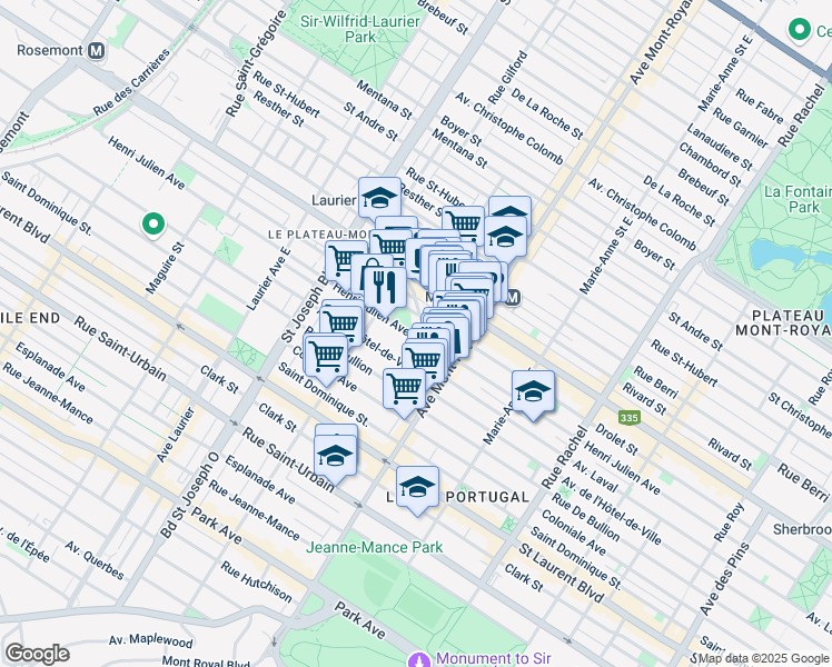 map of restaurants, bars, coffee shops, grocery stores, and more near 4607 Avenue Henri-Julien in Montréal