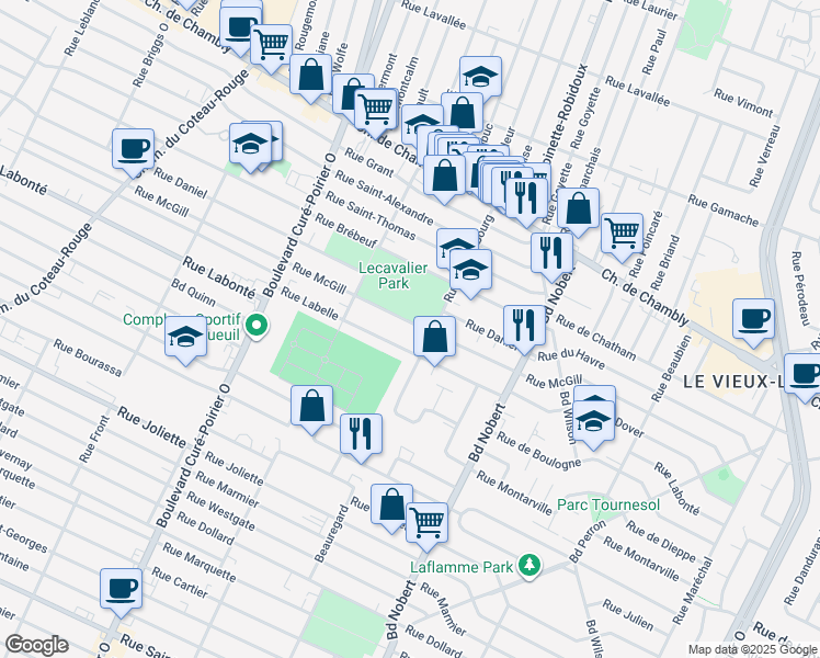map of restaurants, bars, coffee shops, grocery stores, and more near 2154 Rue McGill in Longueuil