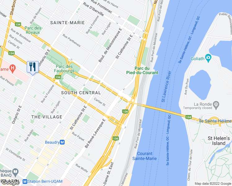 map of restaurants, bars, coffee shops, grocery stores, and more near 2033 Boulevard René-Lévesque Est in Montréal