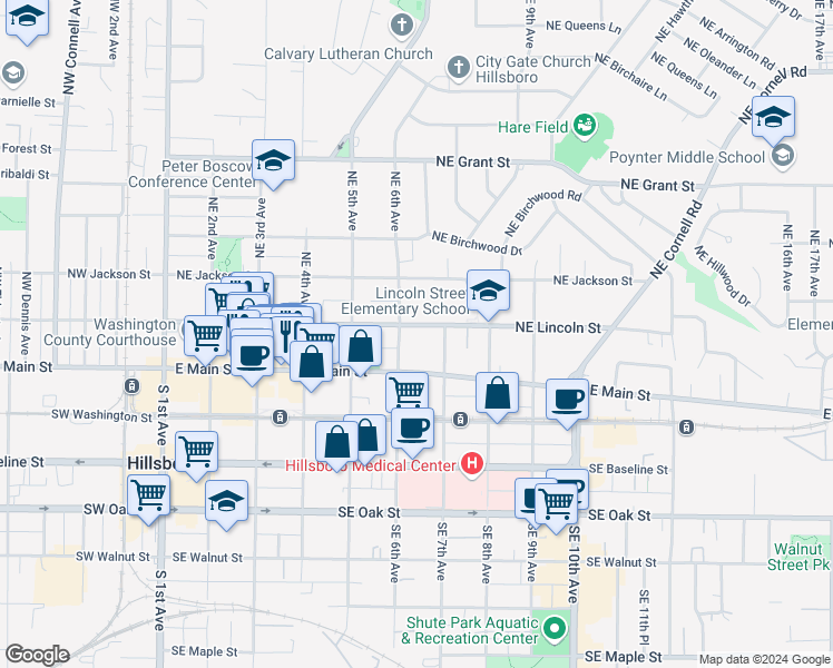 map of restaurants, bars, coffee shops, grocery stores, and more near 630 Northeast Lincoln Street in Hillsboro