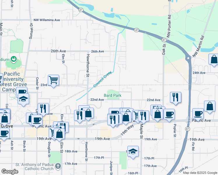 map of restaurants, bars, coffee shops, grocery stores, and more near 2815 22nd Place in Forest Grove