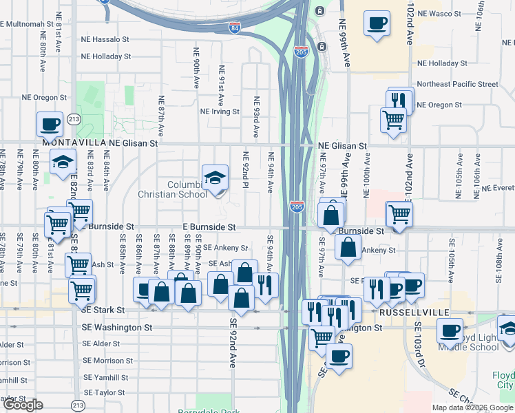 map of restaurants, bars, coffee shops, grocery stores, and more near 9273 East Burnside Street in Portland