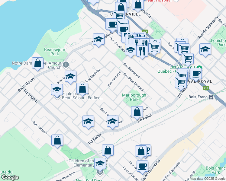 map of restaurants, bars, coffee shops, grocery stores, and more near 2265 Rue Prizeau in Montreal