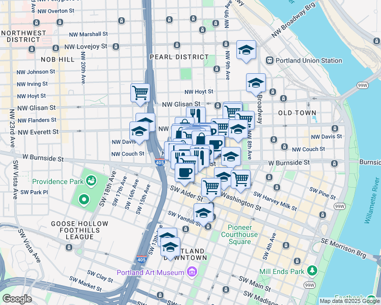 map of restaurants, bars, coffee shops, grocery stores, and more near 1220 Northwest Couch Street in Portland