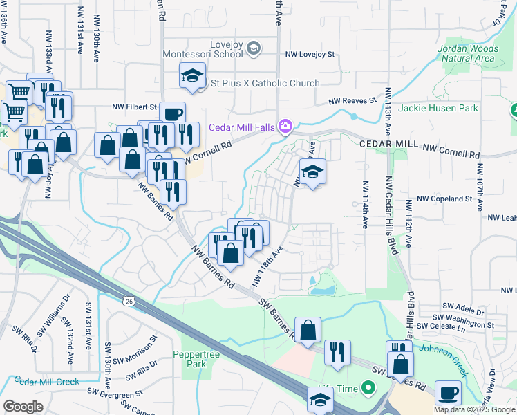 map of restaurants, bars, coffee shops, grocery stores, and more near 580 Northwest Lost Springs Terrace in Portland