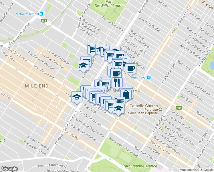 map of restaurants, bars, coffee shops, grocery stores, and more near 4820 Avenue de l'Hôtel-de-Ville in Montréal