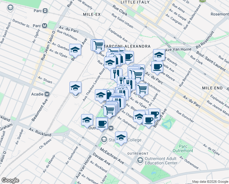 map of restaurants, bars, coffee shops, grocery stores, and more near 1100 Avenue Ducharme in Montréal