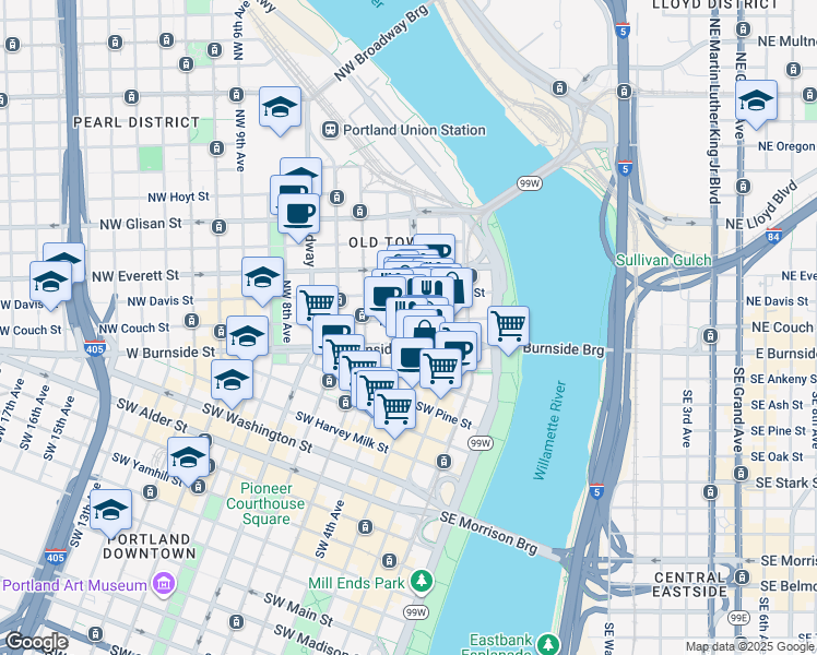 map of restaurants, bars, coffee shops, grocery stores, and more near in Portland