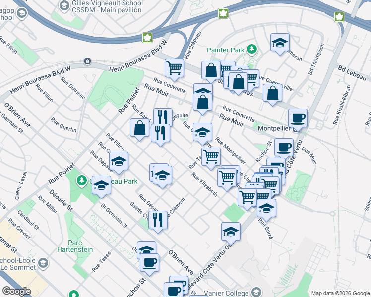 map of restaurants, bars, coffee shops, grocery stores, and more near 1590 Rue Barré in Montréal