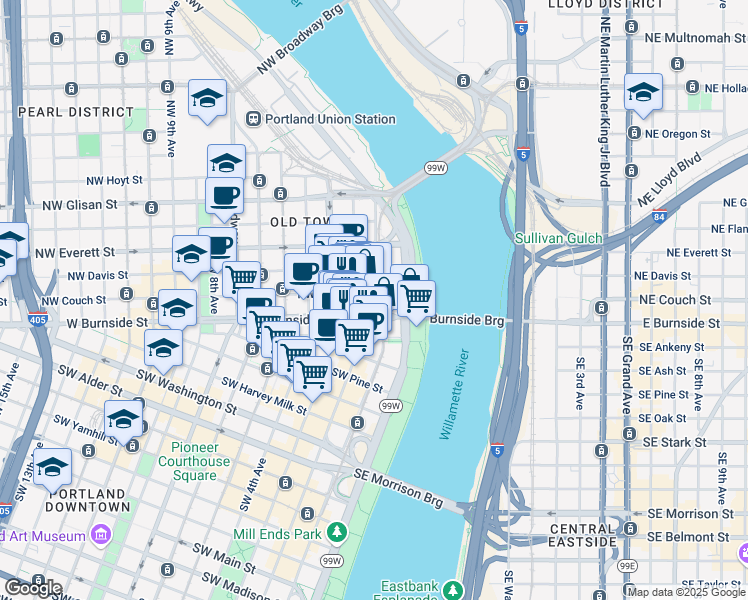 map of restaurants, bars, coffee shops, grocery stores, and more near in Portland
