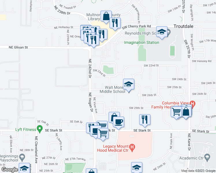 map of restaurants, bars, coffee shops, grocery stores, and more near 2185 Northeast 38th Drive in Gresham
