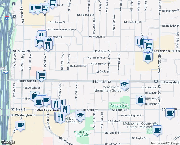 map of restaurants, bars, coffee shops, grocery stores, and more near 10925 Northeast Davis Street in Portland