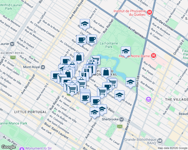 map of restaurants, bars, coffee shops, grocery stores, and more near 4024 Rue de Mentana in Montréal