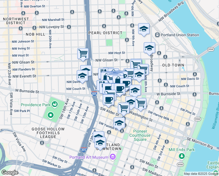 map of restaurants, bars, coffee shops, grocery stores, and more near 1225 Northwest Couch Street in Portland