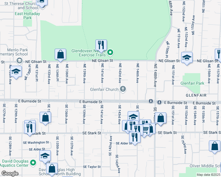 map of restaurants, bars, coffee shops, grocery stores, and more near 14146 Northeast Davis Court in Portland