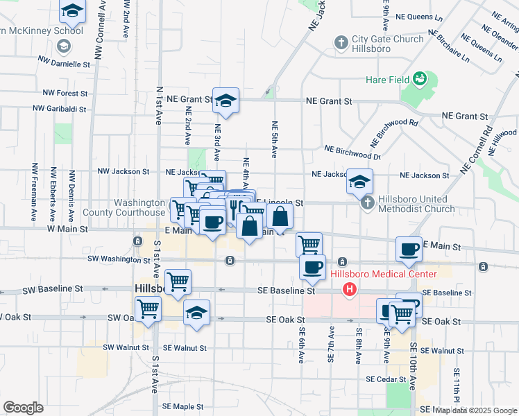 map of restaurants, bars, coffee shops, grocery stores, and more near 434 Northeast Lincoln Street in Hillsboro
