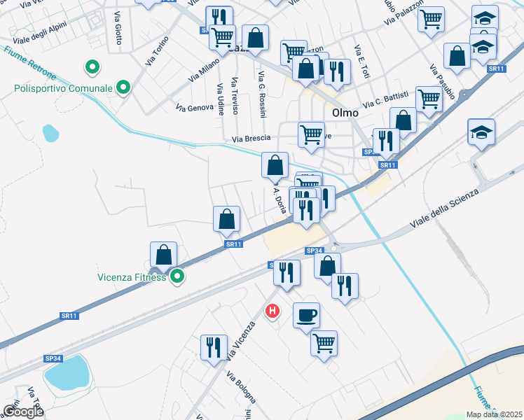 map of restaurants, bars, coffee shops, grocery stores, and more near 14 Via M. Polo in Creazzo