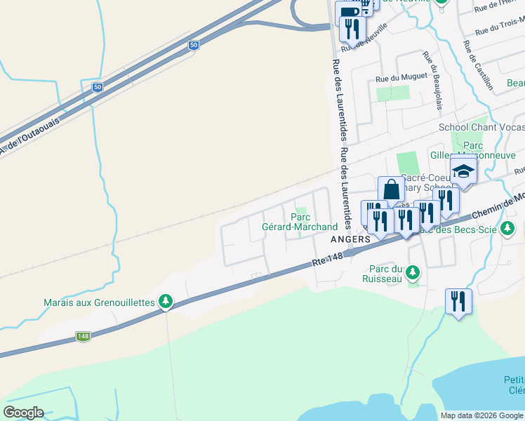 map of restaurants, bars, coffee shops, grocery stores, and more near Rue de Condé in Gatineau