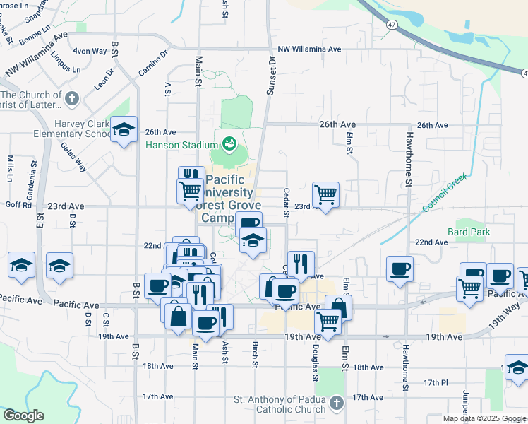 map of restaurants, bars, coffee shops, grocery stores, and more near 2220 23rd Avenue in Forest Grove
