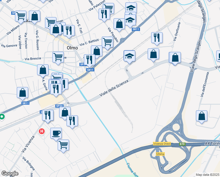 map of restaurants, bars, coffee shops, grocery stores, and more near 54 Viale della Scienza in Vicenza
