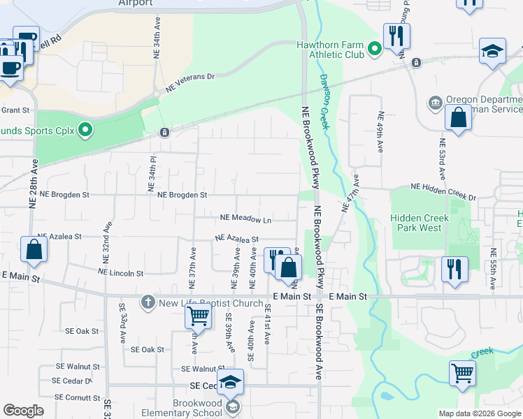 map of restaurants, bars, coffee shops, grocery stores, and more near 4051 Northeast Meadow Lane in Hillsboro