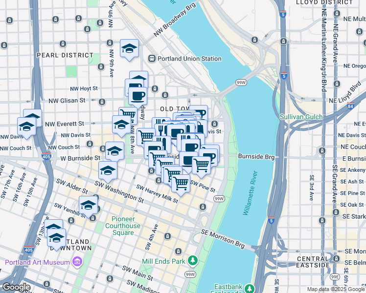 map of restaurants, bars, coffee shops, grocery stores, and more near 15 Northwest 4th Avenue in Portland