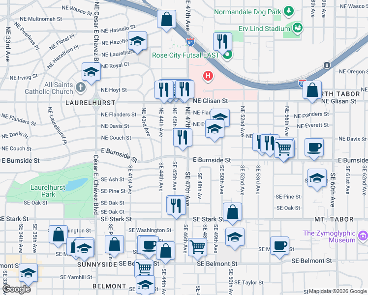 map of restaurants, bars, coffee shops, grocery stores, and more near 45 Northeast 47th Avenue in Portland