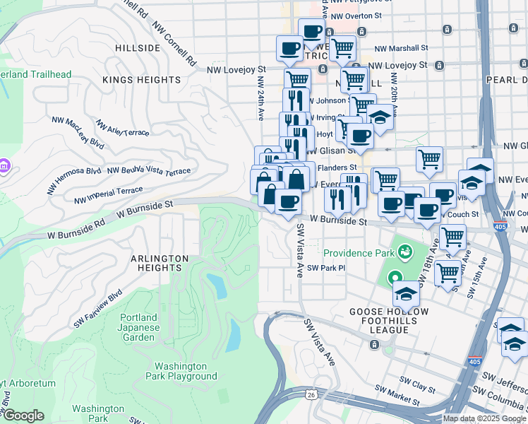 map of restaurants, bars, coffee shops, grocery stores, and more near 2386 West Burnside Street in Portland