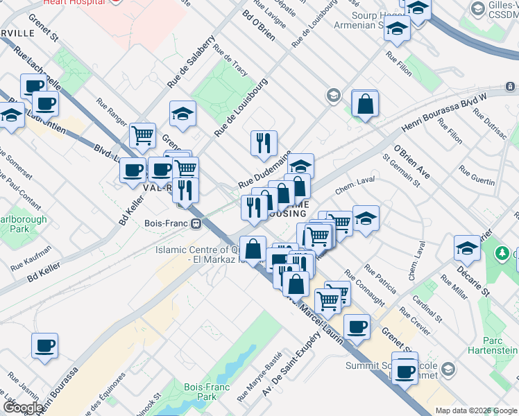 map of restaurants, bars, coffee shops, grocery stores, and more near 4655 Henri Bourassa Boulevard West in Montreal