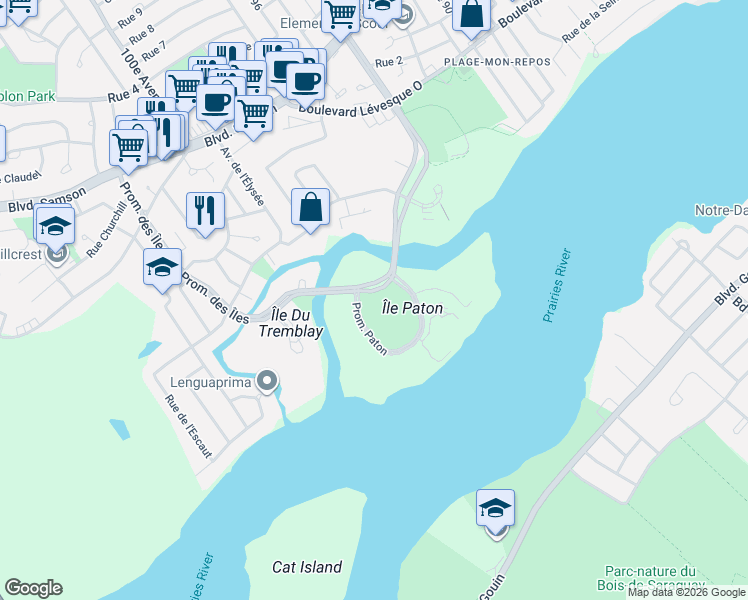 map of restaurants, bars, coffee shops, grocery stores, and more near 25 Promenade des Îles in Laval