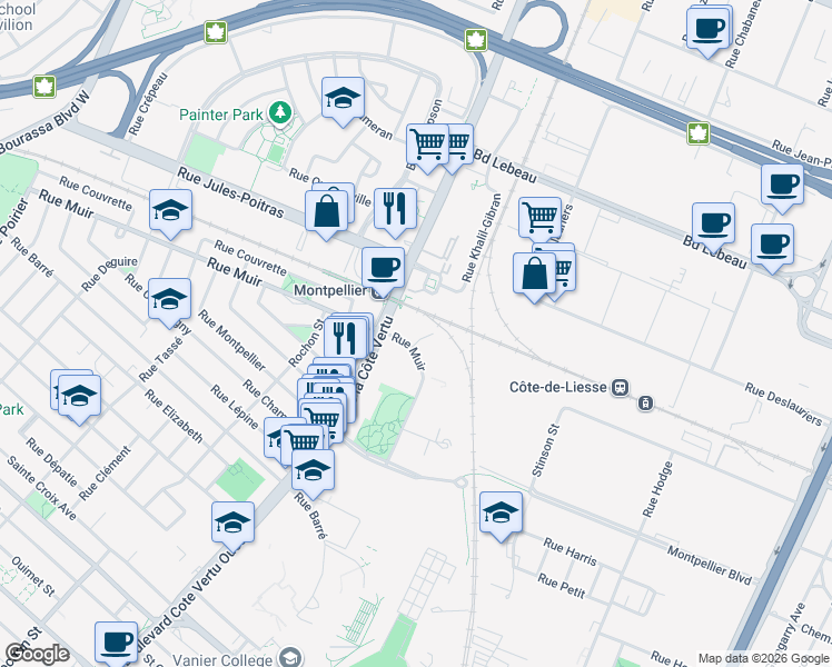 map of restaurants, bars, coffee shops, grocery stores, and more near 945 Rue Muir in Montréal